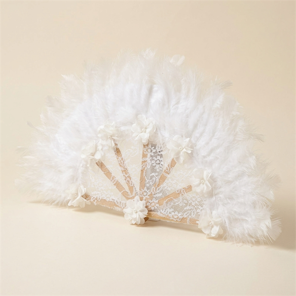 Éventail de Mariée en Dentelle et Plumes Blanches