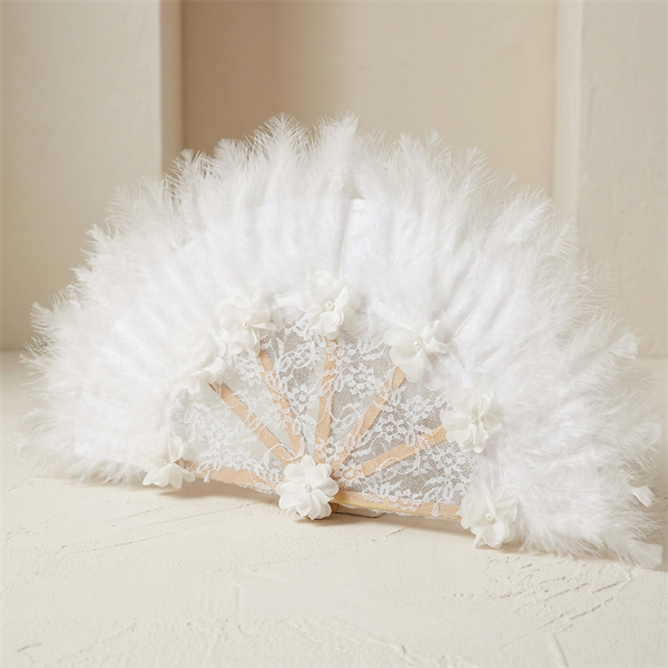 Éventail de Mariée en Dentelle et Plumes Blanches