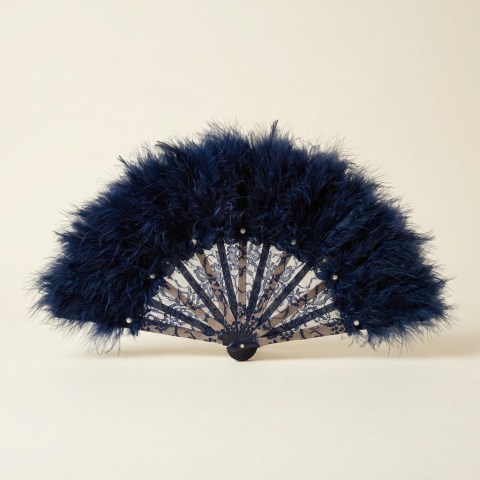 Éventail de Soirée en Dentelle et Plumes Bleu Nuit