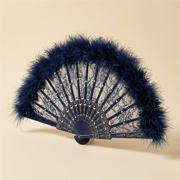 Éventail de Soirée en Dentelle et Plumes Bleu Nuit