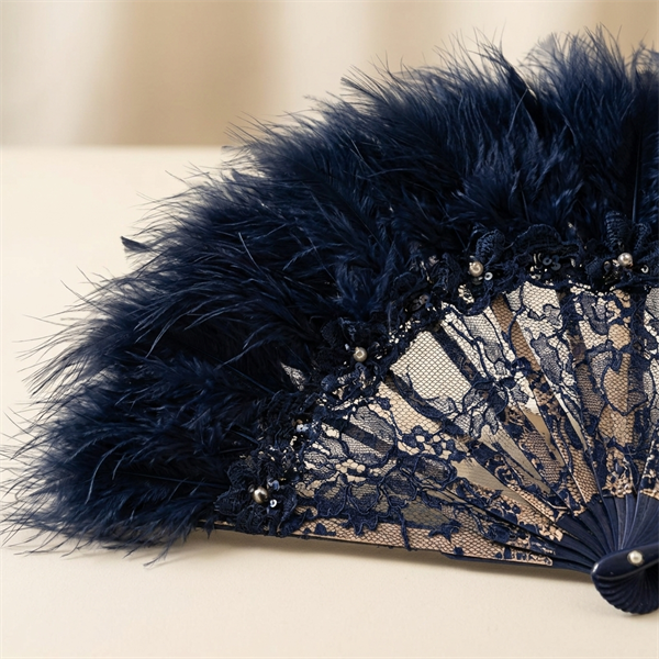 Éventail de Soirée en Dentelle et Plumes Bleu Nuit