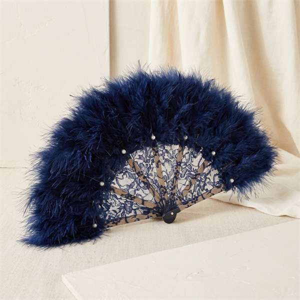 Éventail de Soirée en Dentelle et Plumes Bleu Nuit