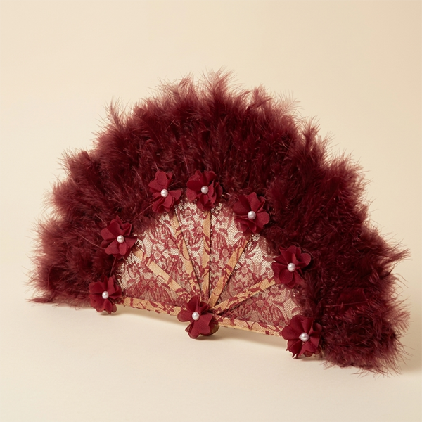 Éventail de Cérémonie en Dentelle et Plumes Bordeaux