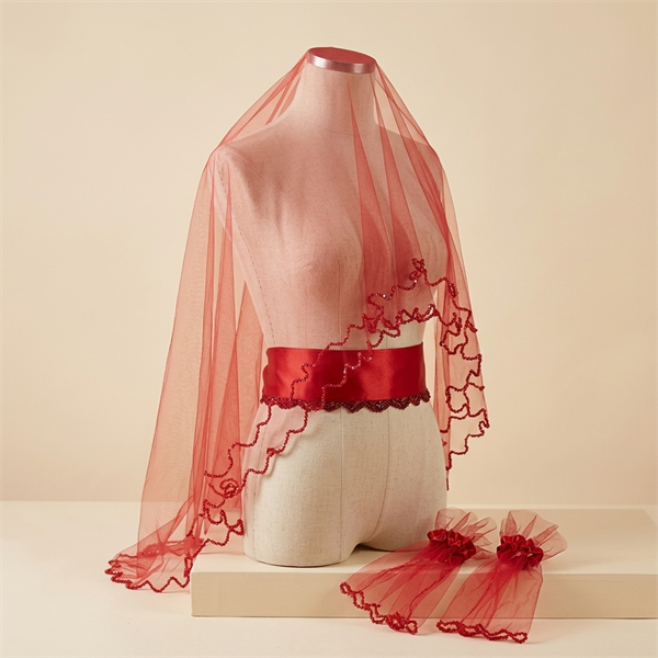 Ensemble Voile de Henné Rouge avec Gants et Ceinture Brodée