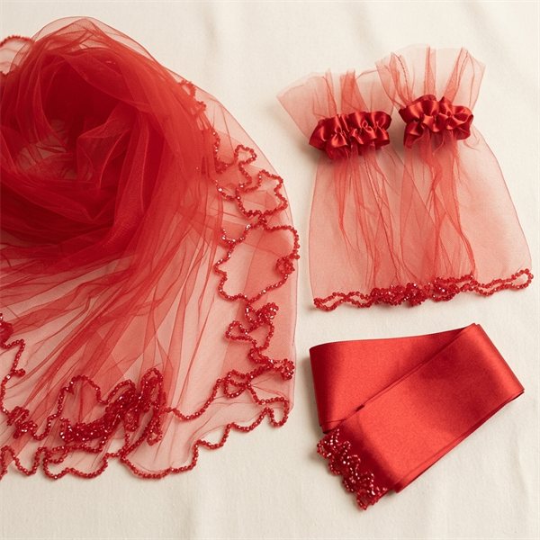 Ensemble Voile de Henné Rouge avec Gants et Ceinture Brodée