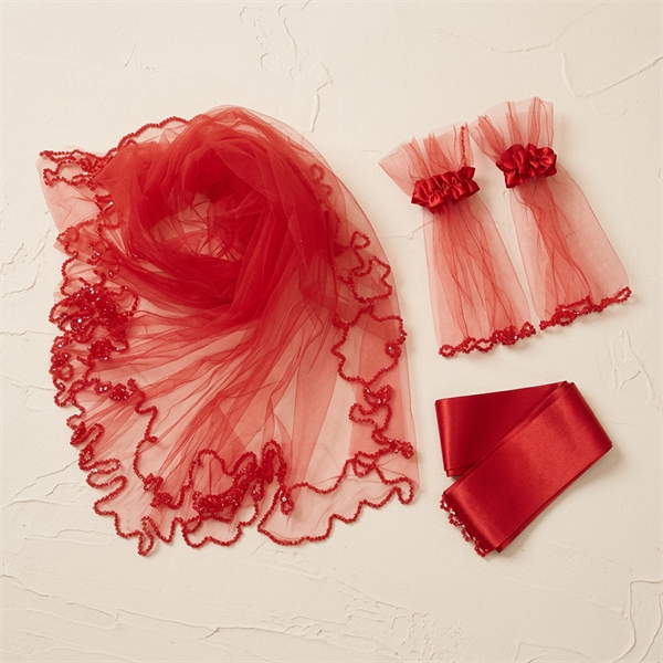 Ensemble Voile de Henné Rouge avec Gants et Ceinture Brodée