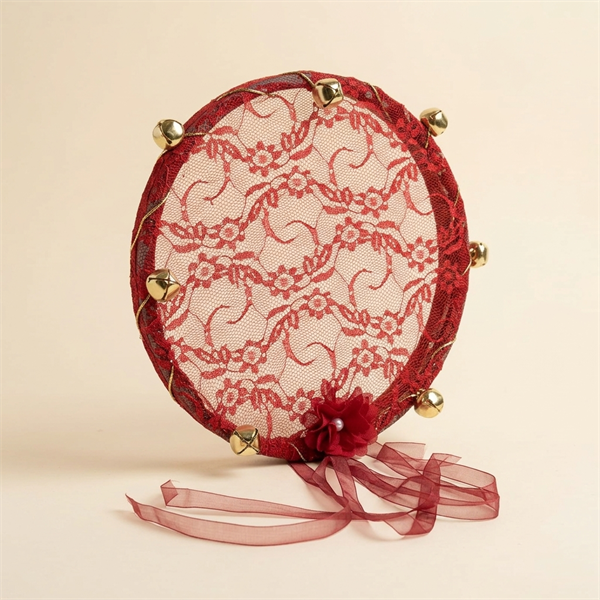Tambourin de Henné en Dentelle Rouge avec Grelots Dorés Bordeaux