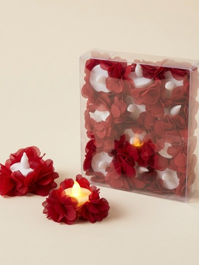 Lot de 12 bougies chauffe-plat LED décorées de pétales rouges