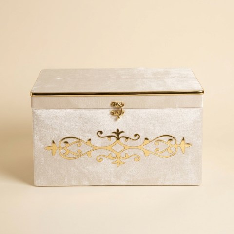 Coffre de Mariage en Velours Crème - Boîte à Enveloppes 35x25x20 cm