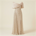 Robe de Soirée Longue Champagne Brodée de Perles avec Étole Drapée