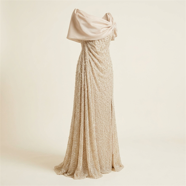 Robe de Soirée Longue Champagne Brodée de Perles avec Étole Drapée