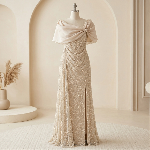 Robe de Soirée Longue Champagne Brodée de Perles avec Étole Drapée