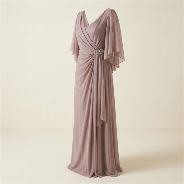 Robe de Soirée Longue Drapée avec Manches Évasées - Vieux Rose
