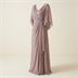 Robe de Soirée Longue Drapée avec Manches Évasées - Vieux Rose