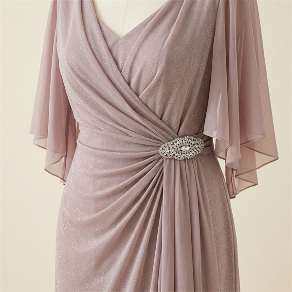 Robe de Soirée Longue Drapée avec Manches Évasées - Vieux Rose