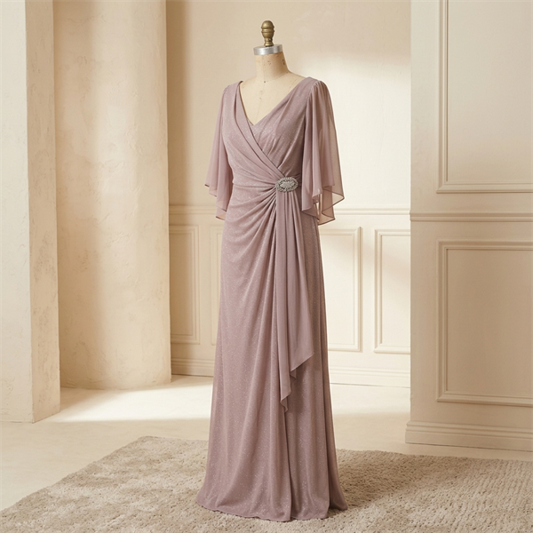 Robe de Soirée Longue Drapée avec Manches Évasées - Vieux Rose