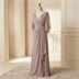 Robe de Soirée Longue Drapée avec Manches Évasées - Vieux Rose