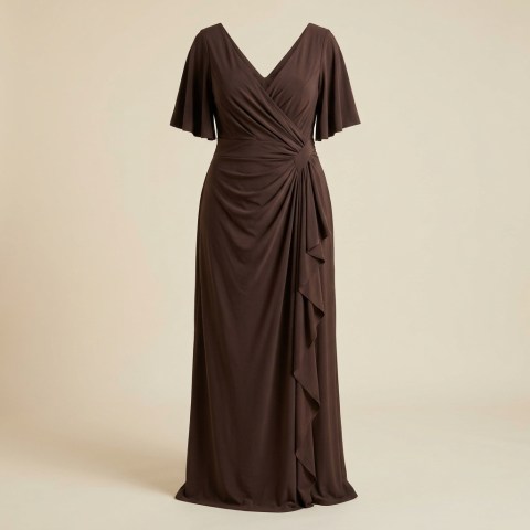 Robe de soirée longue drapée marron chocolat à manches évasées