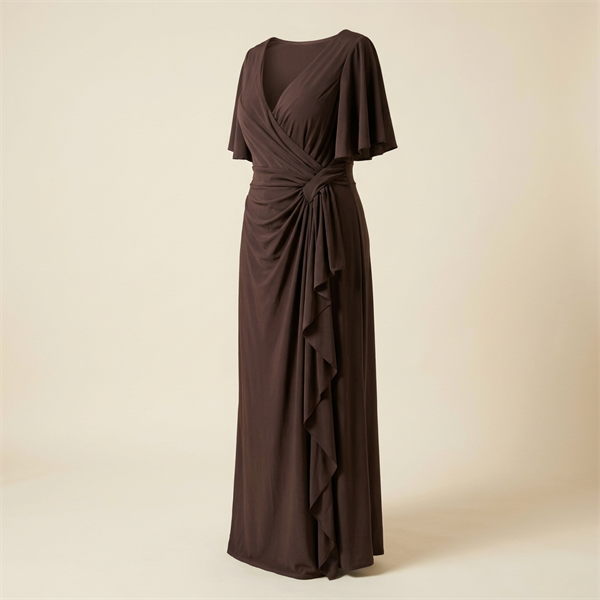 Robe de soirée longue drapée marron chocolat à manches évasées