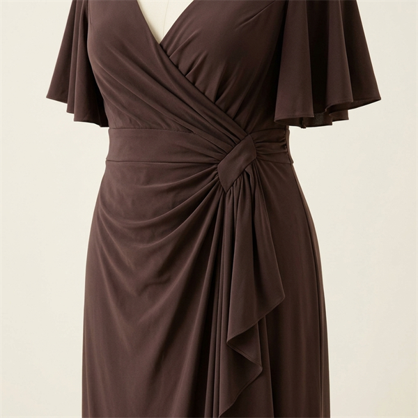 Robe de soirée longue drapée marron chocolat à manches évasées