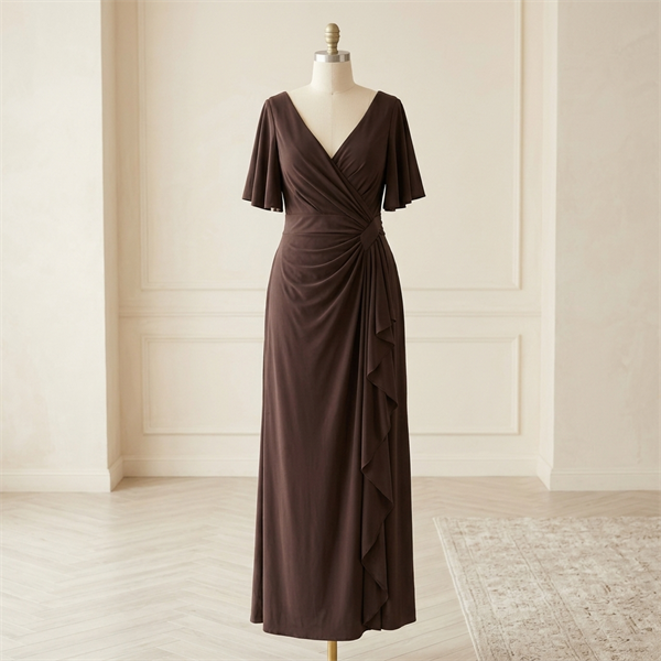 Robe de soirée longue drapée marron chocolat à manches évasées