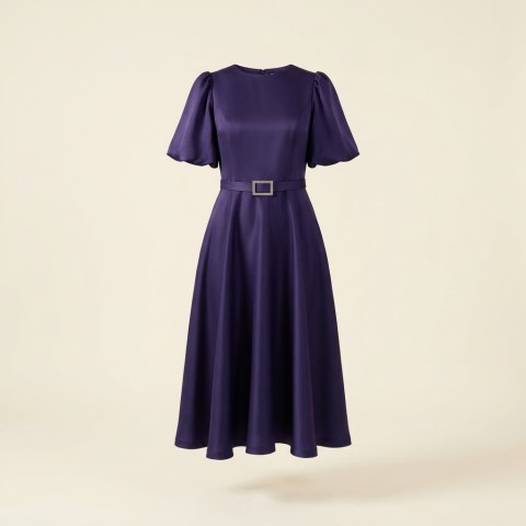Robe de Soirée Midi Évasée avec Ceinture - Violette