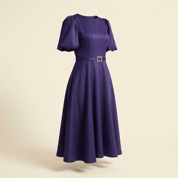 Robe de Soirée Midi Évasée avec Ceinture - Violette