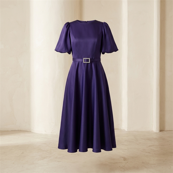 Robe de Soirée Midi Évasée avec Ceinture - Violette