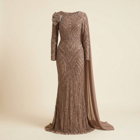 Robe de Soirée Longue Brodée à Paillettes avec Drapé Épaule - Vison