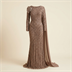 Robe de Soirée Longue Brodée à Paillettes avec Drapé Épaule - Vison