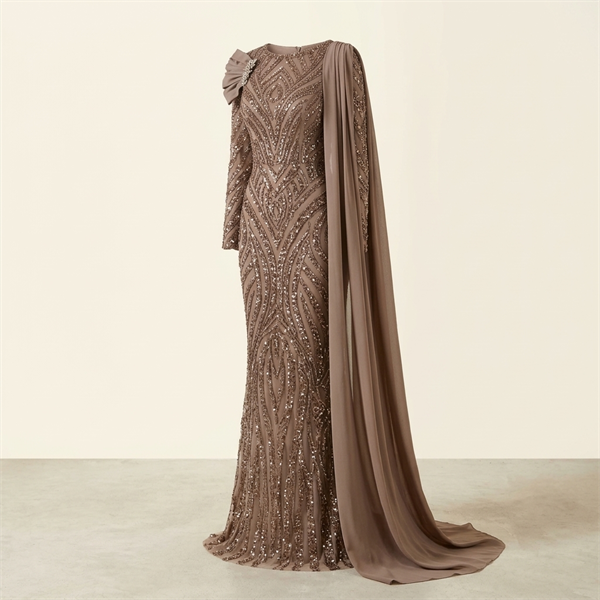 Robe de Soirée Longue Brodée à Paillettes avec Drapé Épaule - Vison