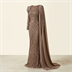 Robe de Soirée Longue Brodée à Paillettes avec Drapé Épaule - Vison