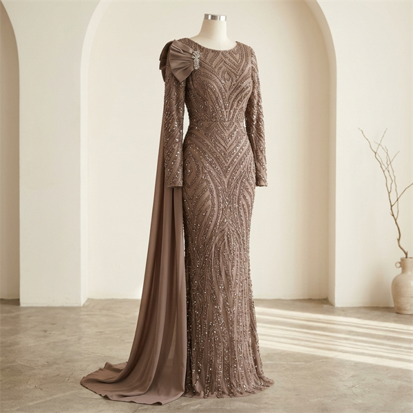 Robe de Soirée Longue Brodée à Paillettes avec Drapé Épaule - Vison