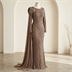 Robe de Soirée Longue Brodée à Paillettes avec Drapé Épaule - Vison