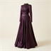 Robe de soirée longue satinée col montant à détails plissés - Prune