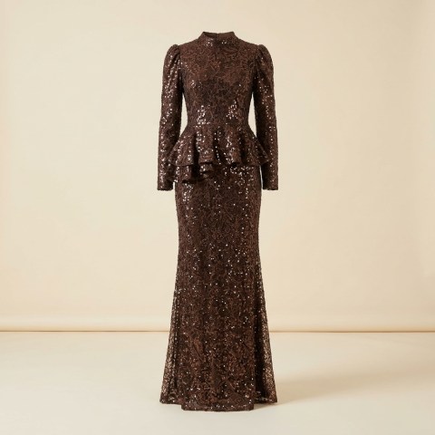 Robe de Soirée Longue Peplum à Paillettes Marron