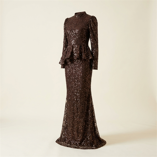 Robe de Soirée Longue Peplum à Paillettes Marron