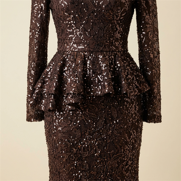 Robe de Soirée Longue Peplum à Paillettes Marron