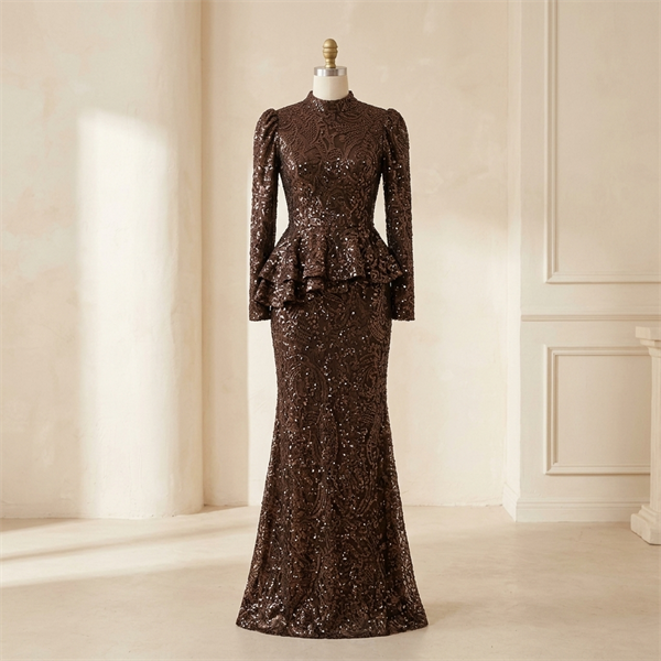 Robe de Soirée Longue Peplum à Paillettes Marron