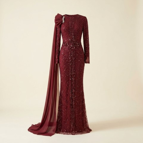 Robe de Soirée Longue Bordeaux Brodée à Sequins avec Cape