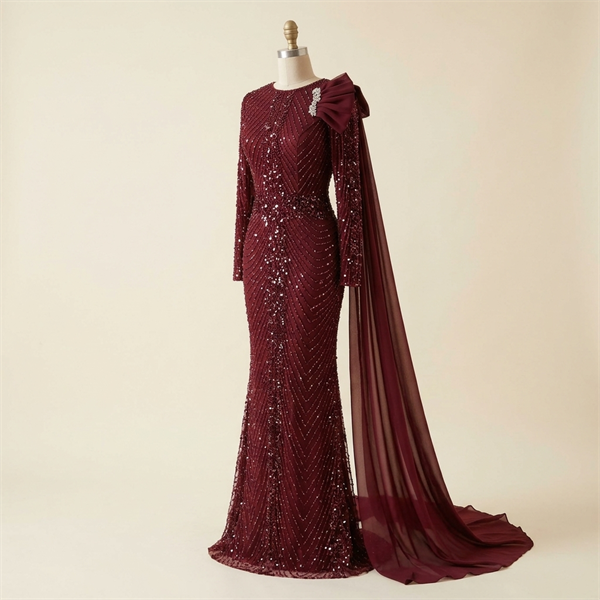 Robe de Soirée Longue Bordeaux Brodée à Sequins avec Cape