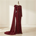Robe de Soirée Longue Bordeaux Brodée à Sequins avec Cape