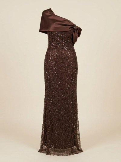Robe de Soirée Longue Asymétrique à Paillettes Marron Chocolat