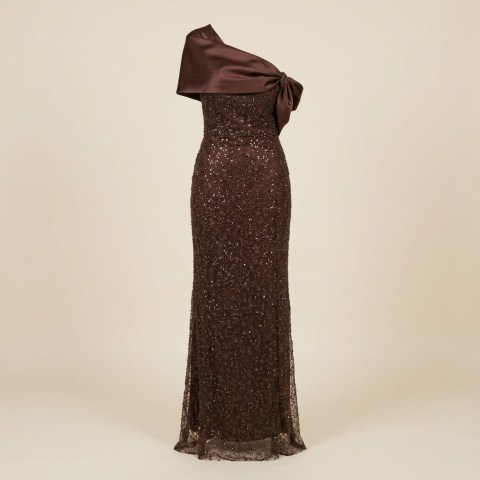 Robe de Soirée Longue Asymétrique à Paillettes Marron Chocolat