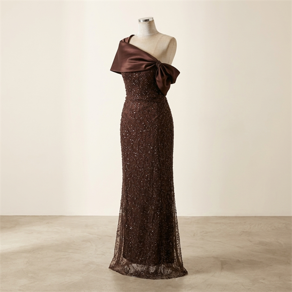 Robe de Soirée Longue Asymétrique à Paillettes Marron Chocolat