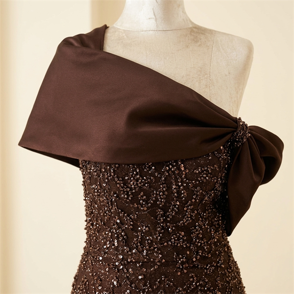 Robe de Soirée Longue Asymétrique à Paillettes Marron Chocolat
