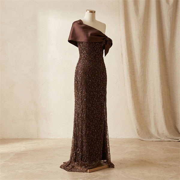 Robe de Soirée Longue Asymétrique à Paillettes Marron Chocolat