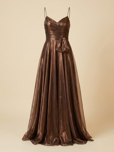 Robe de Soirée Longue Métallisée Bronze à Fines Bretelles