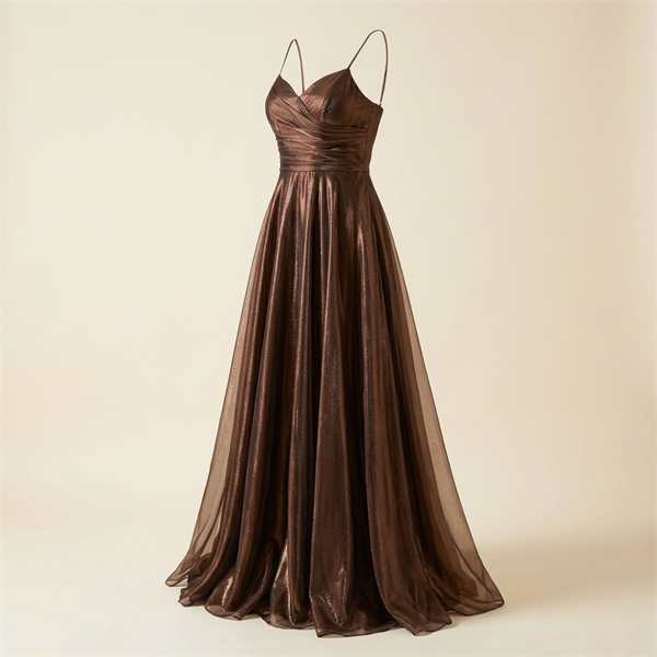 Robe de Soirée Longue Métallisée Bronze à Fines Bretelles