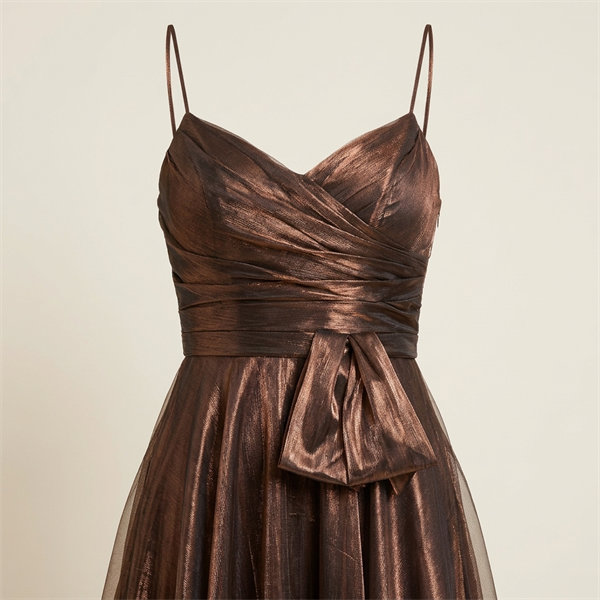 Robe de Soirée Longue Métallisée Bronze à Fines Bretelles
